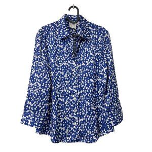 Finley Blue Raindrop Print Satin Long Sleeve Button Shirt Womens Size Medium